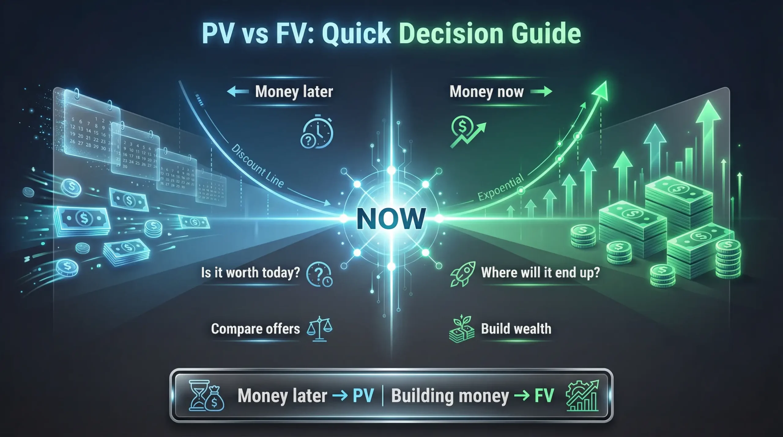Flowchart guide deciding between Present Value vs Future Value. Shows that for money now you use Future Value, and for money later you use Present Value.